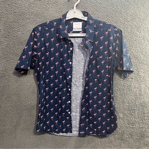 Public Art Dark Blue Flamingo Print Button Down Pocket Shirt Size S